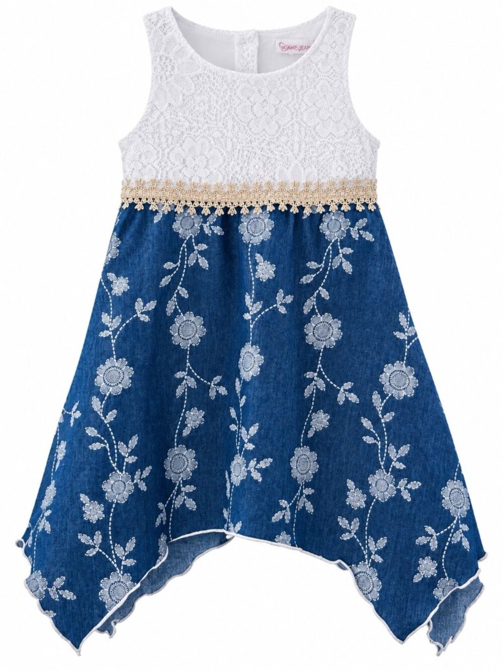 Youngland Girls 3T Sleeveless Lace & Denim Floral Dress With Handkerchief Hem